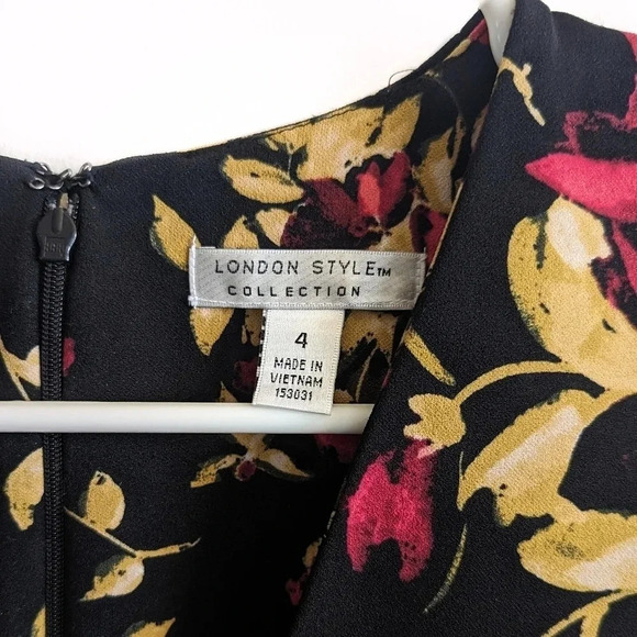 London Times Fit and Flare Black Pink Floral Leaf Print Dress - Picture 3 of 6